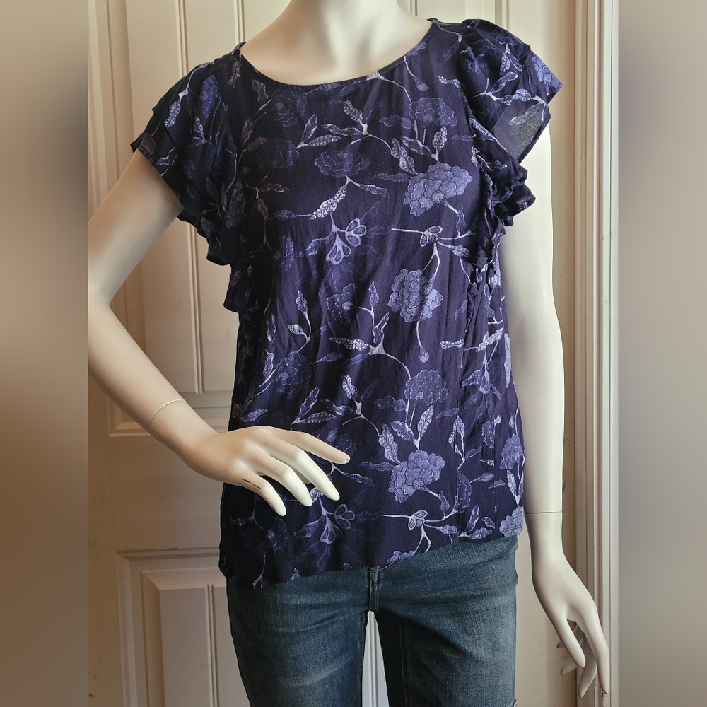 GAP Navy Blue Floral Ruffled Cap Sleeve Blouse S